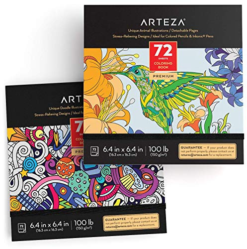 Arteza Malbuch für Erwachsene, Tiere - und Doodle-Designs, 2er-Pack, 144 Motive, deutliche schwarze Konturlinien, 150g/m2, 16.3 x 16.3 cm, Ausmalbücher Anti Stress und Entspannung, abnehmbare Seiten