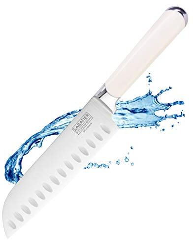 Sabatier Professional Oriental Santoku Kitchen Knife - 7in/17.5cm Full Tang Taper Ground Stainless Steel Blade, Cream Handle. Sharp for Longer, Lifetime Performance 25yr Guarantee