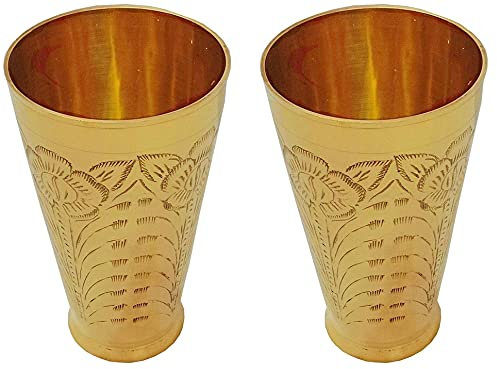 Best Deals Indian Pack of 2 Beautiful Brass Punjabi Lassi Glass Floral Carving Tumbler Cup Water Glass 700-800 ml each approx.