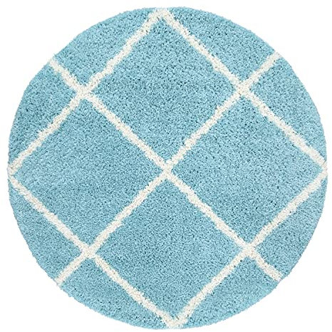 Paco Home Hochflor Teppich Rund Wohnzimmer Schlafzimmer Modern Shaggy Skandinavisch Kleine Rauten, Grösse:80 cm Rund, Farbe:Türkis