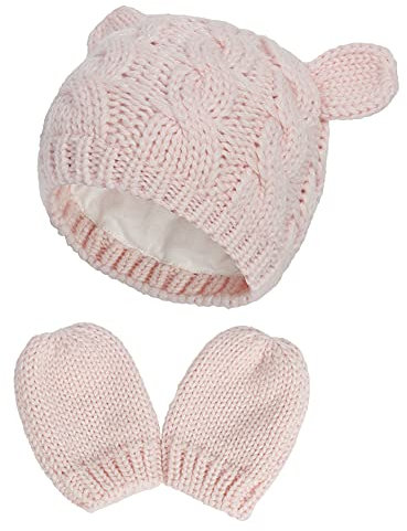 Baby Mütze Handschuhe Set, Strickmützen mit niedlichen Bär Ohren Winter Beanie Handschuhe, Warm Mütze Strickmütze Baby Wintermütze für Kleinkinder 0 bis 24 Monaten, Pink S