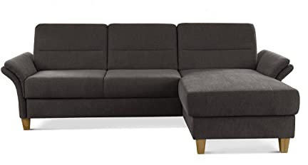 CAVADORE Ecksofa Wyk mit Federkern / Eckcouch im Landhaus-Stil mit Longchair und Holzfüßen / 252 x 90 x 162 / Chenille, Braun