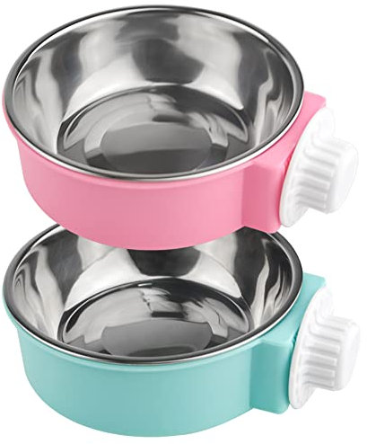 XINMEIWEN Lot de 2 gamelles Amovibles en Acier Inoxydable à Suspendre pour Animaux de Compagnie, gamelles pour Nourriture et Eau, parfaites pour Chats, Chiots, Oiseaux, Rats, furets (Rose + Bleu)