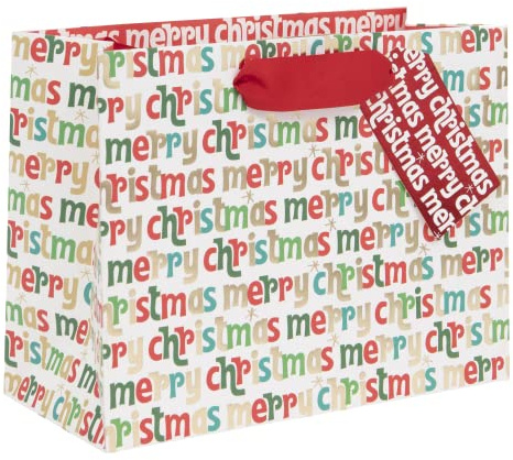 Glick Luxury Christmas Bag Landscape Medium Merry Christmas Script Gift Bag for Xmas Wrapping. Measures 22.5 x 17.5 x 10cms, Red, Green, Gold & White
