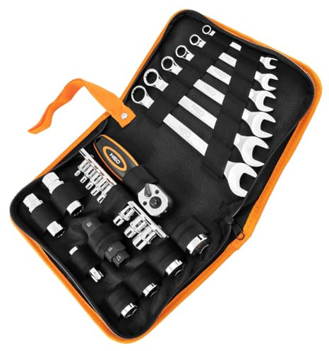 NEO TOOLS Motorrad-Werkzeugsatz - 25 Teile. - Softcase; für Motorräder verschiedener Marken und Modelle; für Profis und Heimwerker; universell einsetzbar; 5x Maulschlüssel, 4x Innensechskant 3/8
