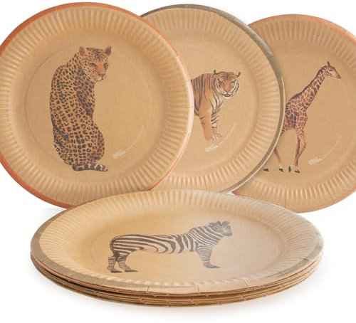 PARTY PARTY 16 Safari Pappteller umweltfreundliches Kraftpapier, 4 vers. Motive Giraffe, Gepard, Tiger, Zebra, Ø 23 cm, Dschungel Party Erwachsene, Kindergeburtstag Junge Mädchen