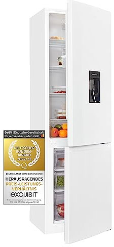 Exquisit® Frigorífico Combi, 260L, Clase D, Color Blanco, Dispensador de Agua, Cajón Verdulero, Estantes de Cristal, Luz LED, Altura Regulable, Consumo 168 kWh/año, Medidas 179,5x55x56 Cm.