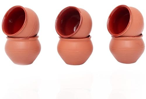 Lot de 6 tasses traditionnelles faites à la main Kulhar Kulhad Chai Thé Café Cantaritos en faïence émaillée Finition brillante Argile Terre cuite Artisanat Studio Poterie Mud Marron Qualité