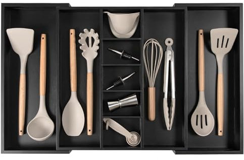 KitchenEdge Adjustable Kitchen Drawer Organizer for Utensils and Junk, Expandable 16 to 28 Inches Wide, 9 Compartments, Food-Safe Contract Grade Black Finish with 100% Sustainable Bamboo Wood