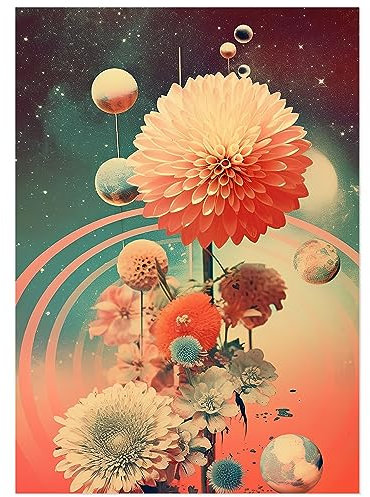 JUNOMI® Surrealismus Poster DIN A2 - Motiv 03 | Vintage Poster, Blumen Poster, Blüten, Abstrakt, Planeten, Space, 60er, 70er, 80er | Ohne Rahmen