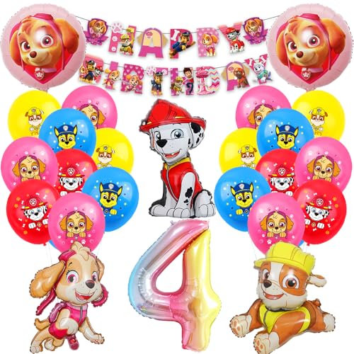 Hund Patrol Luftballons 4 Geburtstag Deko,Folienballon Zahl 4,Cartoon Luftballons Geburtstag Deko 4 Jahre für Mädchen Junge,Happy Birthday Banner für Dekoration Kindergeburtstag Party