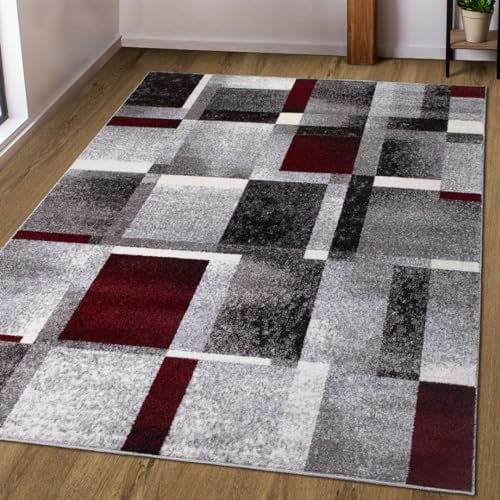 oKu-Tex Kurzflorteppich | Designteppich | Teppich Wohnzimmer | Florhöhe: 9 mm | besonders weicher Flor | geometrisches Muster | modern | meliert grau rot | dichte Qualität | 80 x 150 cm