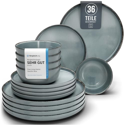 Vajillas para 12 Personas, Set de Steingut Rustic de 36 Piezas - Diseño Rústico y Moderno, Apto para Lavavajillas - Juego de Platos y Cuencos - Vajilla Pure Living en Color azul humo
