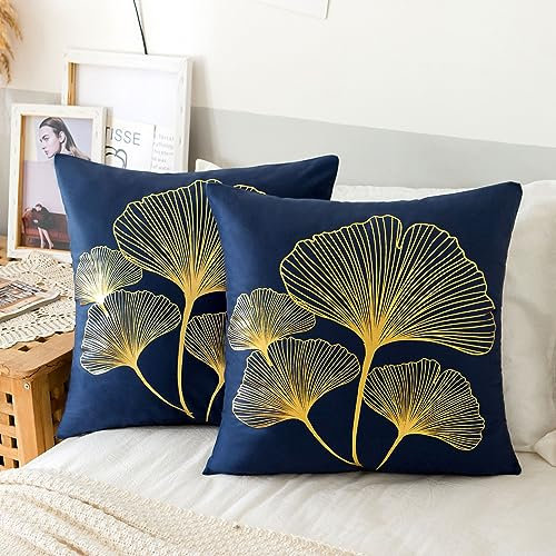 2er Set Kissenbezug 50x50cm Kissenbezüge Ginkgo Biloba Samt Kissenbezüge Navy Blau Kissenbezug Soft Cosy Kissen Bezüge Deko Moderne Dekokissen Sofakissen Zierkissenbezug für Sofa Wohnzimmer