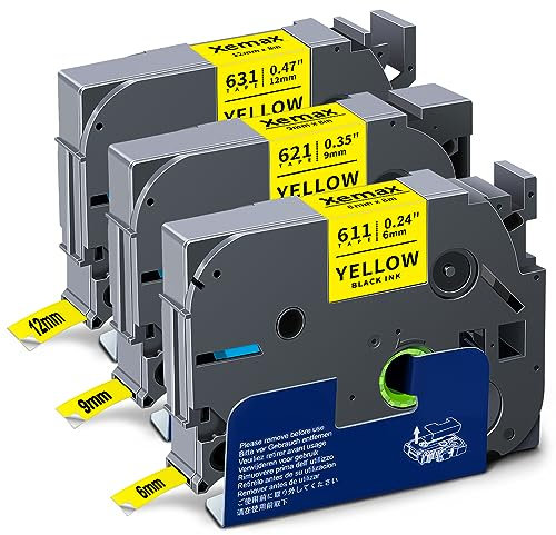 3x XemaX Kompatibel Schriftband Ersatz für Brother P-touch Bänder 12mm 9mm 6mm TZe-631 TZe-621 TZe-611 Etikettenband für PT-1000 1010 E110 H100 H100LB H100R H105 H110 P300BT D400, Schwarz Auf Gelb