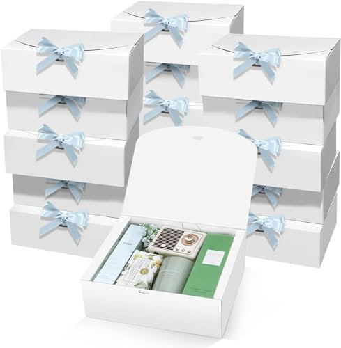 LATERN 15Pcs Gift Boxes with Lids, 25CM x 20CM x 10CM White Kraft Paper Gift Box Bridesmaid Proposal Box with Blue Ribbon for Wedding Birthday Christmas Party Packaging Present