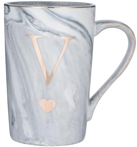 SFHMTL Personalized Initial Gifts for Women Men Letter V 12 Ounce Marble Style Ceramic Coffee Mug Letter Drink Cup Birthday Graduation Christmas Wedding Bridesmaid Proposal Gift(V)