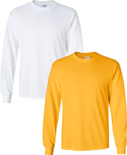 Gildan Adult Ultra Cotton Long Sleeve T-Shirt, Style G2400, Multipack, White/Gold, M