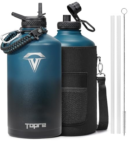 Topre One Gallon Water Bottle,128oz Insulated Flask Stainless Steel Vacuum, Cold for 48 Hrs,BPA-Free & Leakproof -with Paracord Handle,Strap,Straw Spout Lids,Large Jug for Gym Sports,Indigo Black