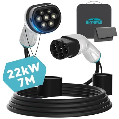 EVPEIWE 22kW 32A Type 2 EV Charging Cable, 7M Portable Type 2 EV Charger Cable | 480V| 3 Phase | IP55 | for All IEC62196-2 EVs & Plug-in Hybrid Mennekes Model 3/X/Y/S, with Free Storage Bag
