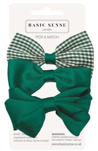 Basic Sense School Bow Hair Clips and Elastic Plain & Gingham Set - Accessories for Girls, Green