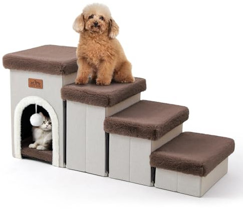 COZY KISS Haustiertreppe für Kleine Hunde mit Stauraum Und Wohnung, Hundetreppe Faltbare für Sofa Couch, Hunde Treppe mit Rutschfestem Boden, Lecksichere, Bis Zu 80kg (Braun, 33x89x45cm, 4)