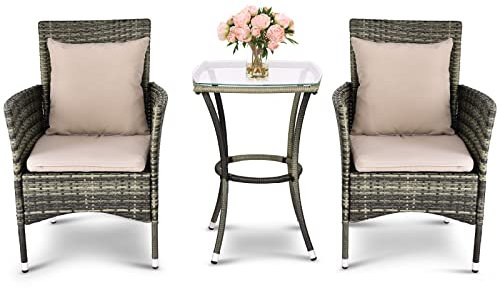 GYMAX 3 TLG. Polyrattan Gartenmöbel Set, wetterfeste Sitzgruppe inkl. Beistelltisch & 2 Sessel mit Sitz- & Rückenkissen, Balkonmöbel mit Metallrahmen für Garten, Terrasse & Pool (Weiß)