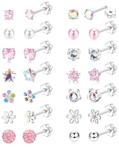 JeweBella 12/14Paires Boucles d'Oreilles Femme Acier Inoxydable Boucles d'Oreilles Enfants Fille Hypoallergéniques Boucle d'Oreille Fleur Cœur Étoile CZ Multicolore Vis Dos Boucles d'Oreilles Ensemble