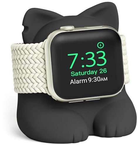 ELETIUO Apple Watch Ladestation Katze-Design, kompatibel mit Series 10/9/8/Ultra 2/Ultra/SE2/SE/7/6/5/4/3/2/1 (49-38mm), Silikon Dock mit Nachttischmodus, Schwarz