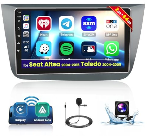 Inefala 2G/64 2DIN Android Autoradio für Seat Altea 2004-2015 Toledo 2004-2009 Radio CarPlay Android Auto 9 Touchscreen Navi GPS mit WiFi BT FM/RDS Rückkamera Mic