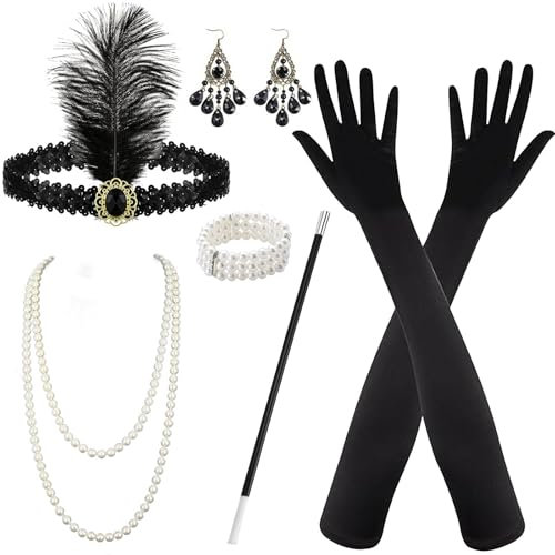 JOKILY 6 Teiliges 20er Jahre Accessoires, 20er Jahre Kostüm Damen, 1920 Zubehör Set, Damen Zubehör für Frauen für Halloween Weihnachten Cosplay Stirnband Handschuhen Ohrringen Halskette Accessoires