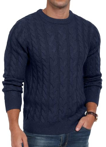 QIXING Men's Cable Knit Jumper Crew Neck Casual Long Sleeve Chunky Knit Sweater with Ribbing Edge(C Navy Blue, M)