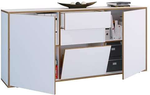 VCM Kommode Weiß 160x33x74 cm 3 Türen 7 Fächer Sideboard Holzwerkstoff | Platz für Geschirr und Deko - Für Ess- und Wohnbereich - für Familien und Paare - Holzwerkstoff, stabile Metallgriffe
