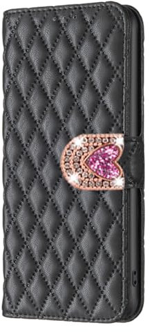 BLOTECH Hülle für Huawei MTAE 60 Diamond Stitch Ledertasche Handyhülle,PU Leder Brieftasche Schutzhülle mit Glitter Glänzende Bling 3D Bling Schnalle Liebe Folio HandyCase,Schwarz