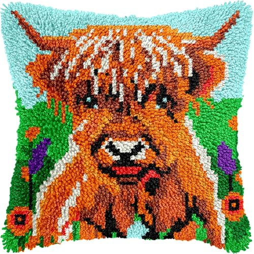 veirousa Highland Cow Latch Hook Kits for Adults Kids Beginners Cute Animals Latch Hook Pillow Kit Pre-Printed Latch Hook Rug Kits Cross-Stitch Embroidery Cushion for Home Sofa Decoration 17x17 in.