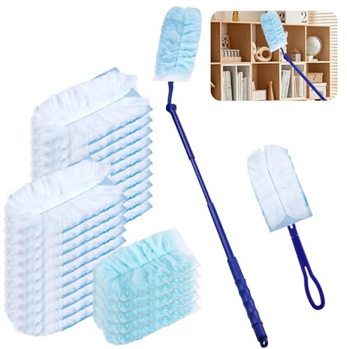 25 Pcs Duster Refills for Flash Dust Magnet, Blue Dust Magnet Refills with 1 Handle and 1 Telescopic Pole, Disposable Fluffy Duster for Cleaning, Lock Away Dust, Dirt and Hair for Home Office