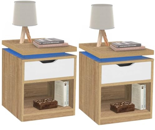 IDMarket - 2er-Set Nachttische Luna mit LEDs 1 Schublade mit Nische Buche und Weiß