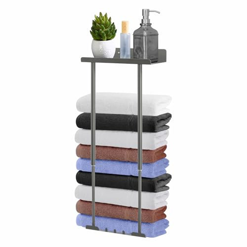 HONPHIER Wall Mounted Adjustable Towel Rack Storage Shelf With Rails 41-75 CM, Bathroom Holder With Hooks - No Drilling or Drilling Option (Grey)