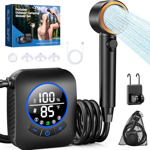 Docusvect Doccia Portatile 8000mAh Ricaricabile Doccia Campeggio 5 Pressione Acqua 4 modalità di Getto IPX8 Impermeabile per Campeggio Esterno