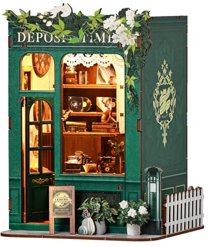 BBLIKE Book Nook Kit-DIY Miniature House Kit for Adults, Dollhouse Bookshelf Decor 3D Wooden Puzzle with Sensor LED Light, Bookend Craft Model Kits for Adults to Build Gift (Vintage Bookstore)