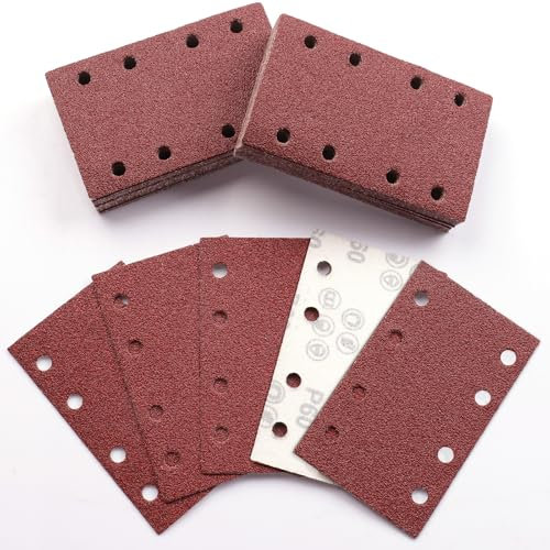Sruhrak 80x133mm Schleifpapier, 50 Stück Schleifblatt 60 Körnung Set Rechteckiges Schleifblatt Klett 8 Löcher Schleifpad für Schwingschleifer