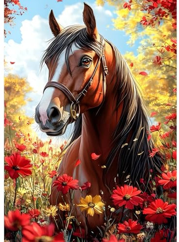 QQYRHN 5D DIY Cheval Kits de Peinture Diamant, Complète Fleurs Rouges Diamond Painting pour Adulte Débutants, Fantasy Cheval Art du Diamant, Décoration Murale Maison Peinture au Diamant Avec 30x40 cm