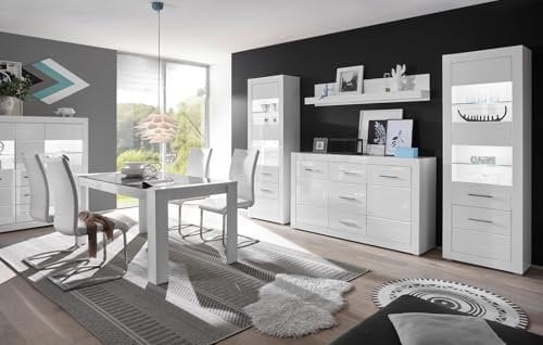 Wohnwand in weiß Hochglanz, Wohnkombination 4-teilig 300 x 198 cm, Carrara