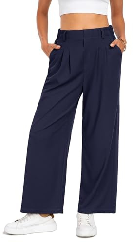 Timuspo Palazzo Pantalon d'affaires en maille gaufrée pour femme - Élégant et décontracté - Taille haute - Avec élastique - Coupe large - Pantalon de loisirs, bleu marine, S petite
