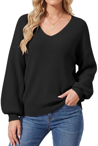 JUOIANTANG Damen Lässige Strickpullover mit V-Ausschnitt und Laternenärmel | Drop Shoulder, Feinstrick, Einfarbig, Herbst & Winter, Weich Warm Frauen Lockere Gestrickte Pullover