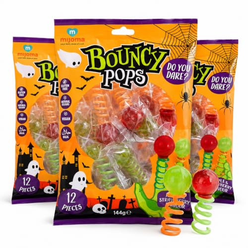 MIJOMA Halloween Finger Lollipops 3er Set – 42 Stück Totenkopf & Kürbis Lutscher mit Spirale zum Aufstecken – Apfel & Erdbeer Geschmack – Gruselige Süßigkeit für Party & Trick or Treat