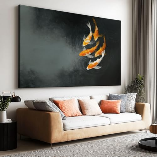 Großes Leinwandbilder Wandbilder Tinte Aquarell Koi Fisch Gruppe bild auf leinwand Wandkunst Modern Aesthetic XXL Kunstdruck Deko für Wohnzimmer Schlafzimmer Geschenk 160x80cm