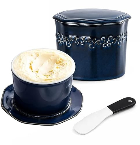 Beurrier français VEGOATY avec couteau en céramique : cloche à beurre en céramique de 280 ml pour un beurre frais et tartinable, beurrier refroidi à l’eau pour les amies et les mamans