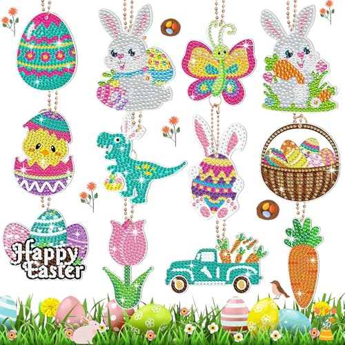 ZZHBSR Diamond Painting Schlüsselanhänger Ostern Basteln,12 Stück 5d Diy Ostereier Kaninchen Diamant Art Painting Kit, für Rucksack Handtasche Dekoration Strass Malerei Stickerei