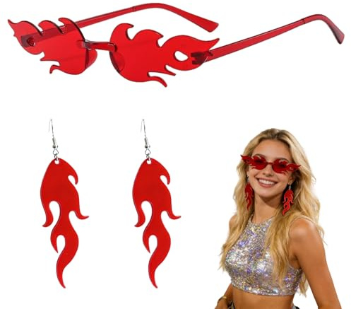 LEIIERUY Flammen Ohrringe aus Acryl & Feuerbrille 2er-Set – Geometrische Feuerförmige Tropfenohrringe für Gothic Cosplay, Karneval & Halloween – Lustiger Schmuck für Frauen und Mädchen